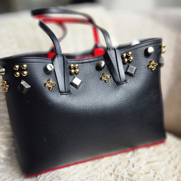 Christian Louboutin Black Leather Studded Tote with Red Interior - Picture 3 of 9